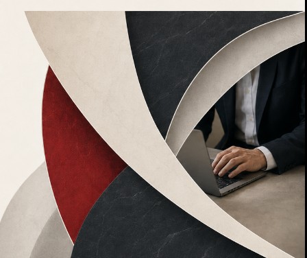 Abstract Kyros brand composition framing a professional working at a laptop